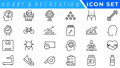 Hobby and recreation linear icons collection. Hobbies for children and adults at home and outdoors. Sports, diving, dancing, reading, drawing, music and singing,