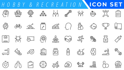 Hobby and recreation linear icons collection. Hobbies for children and adults at home and outdoors. Sports, diving, dancing, reading, drawing, music and singing,