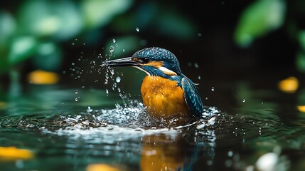 A kingfisher shaking off water as it emerges from a dive