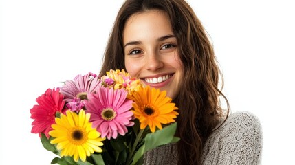 Naklejka premium A young woman holding a bunch of flowers, smiling joyfully, on a white isolated background