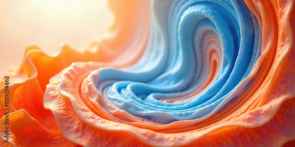 Poster abstract swirling pastel orange and blue formations resembling a seashell's inner structure, exhibit