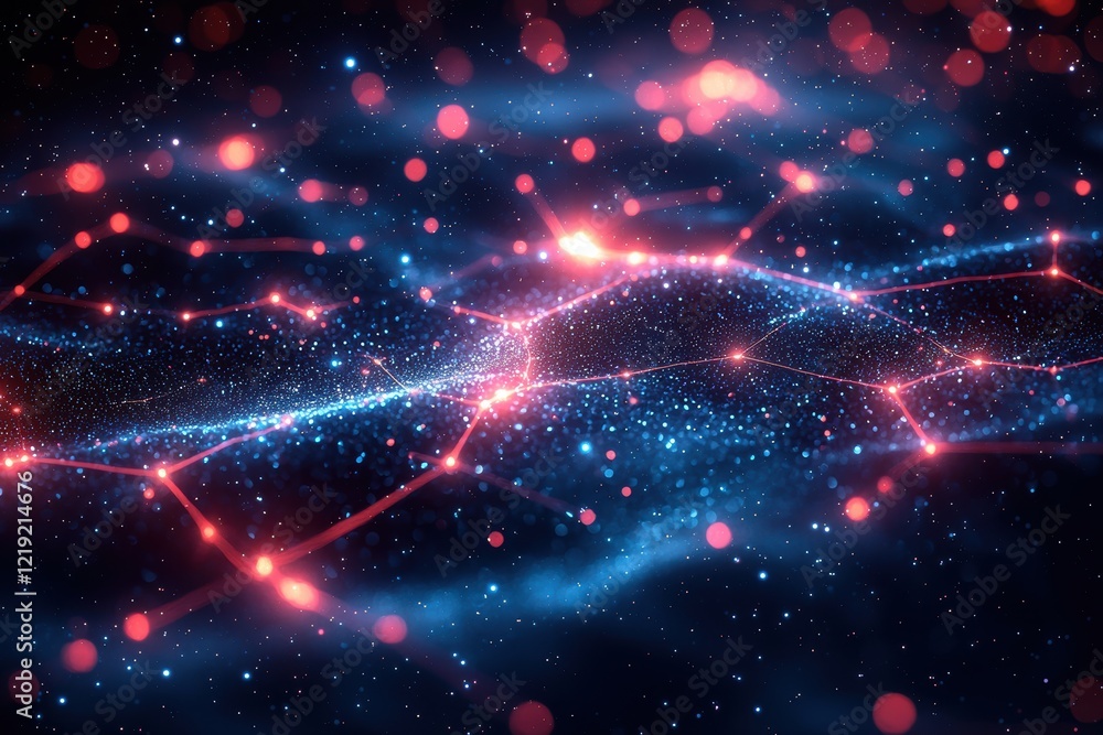Poster abstract digital background with glowing blue nodes and dynamic red connections