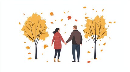 A senior man and woman enjoying a peaceful walk in the park, holding hands, on a white isolated background