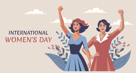 International Women's Day postcard. Two young women with flowers and raised hands in protest gesture. Flat illustration