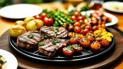 Juicy grilled steak, colorful roasted vegetables, charred cherry tomatoes, seared lemon halves, black serving platter, rustic wooden table, vibrant food photography, shallow depth of field, high contr