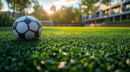 Obraz premium Soccer ball on artificial turf at sunset near residential buildings.