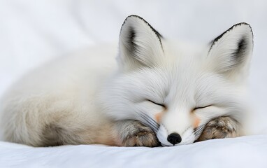 Adorable Sleeping Arctic Fox Cub on White Background