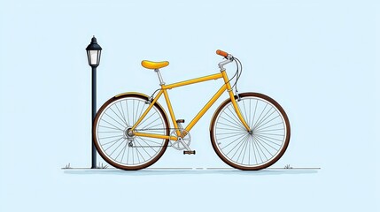 Fototapeta premium Bright Yellow Bicycle Leaning Against Street Lantern on Light Blue Background