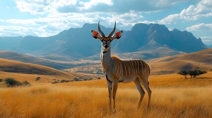 A kudu standing majestically in tall grass framed by mountains