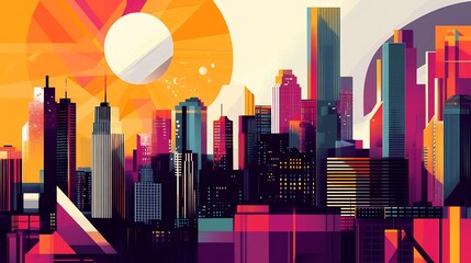 Vibrant Cityscape at Sunset: Geometric Metropolis
