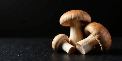 Close-up Still Life Photography of Three Delicate Brown Mushrooms on a Dark Surface