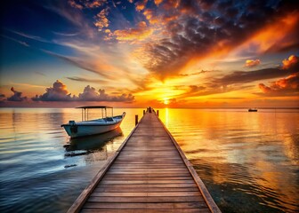 Obraz premium Panoramic Sunset Silhouette: Boat & Ocean Dock - Dramatic Coastal Scene