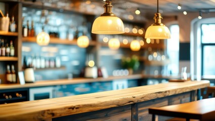 Bar counter, warm lighting, pendant lamps, blurred background, liquor bottles, cozy atmosphere, wood grain, depth of field, soft focus, inviting ambiance, restaurant interior, rustic decor, golden hou