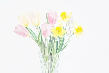 Delicate spring flowers bouquet featuring tulips and daffodils in a glass vase, perfect for spring decor and fresh floral arrangements