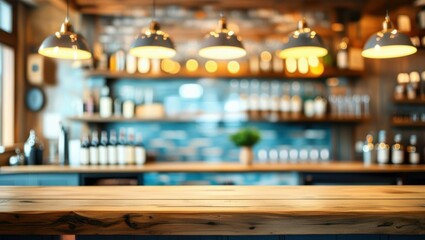 Obraz premium Bar counter, warm lighting, pendant lamps, blurred background, liquor bottles, cozy atmosphere, wood grain, depth of field, soft focus, inviting ambiance, restaurant interior, rustic decor, golden hou
