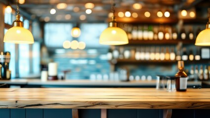 Bar counter, warm lighting, pendant lamps, blurred background, liquor bottles, cozy atmosphere, wood grain, depth of field, soft focus, inviting ambiance, restaurant interior, rustic decor, golden hou