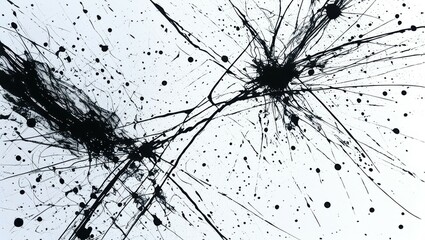 Abstract ink splatter, explosive black paint, dynamic splatters, chaotic lines, monochromatic artwork, high contrast, minimalist composition, white background, fluid dynamics, Rorschach test inspired,