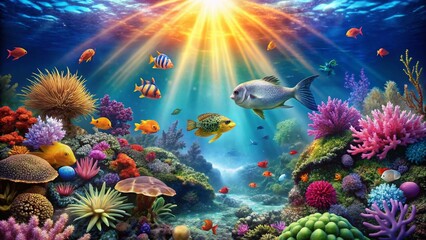 Panoramic Underwater Scene with Editable Text Overlay:  Ocean Life Background for Design Projects