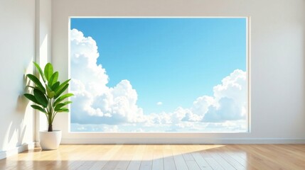 Serene Minimalist Interior with Expansive Window View of a Bright Sky and Fluffy Clouds