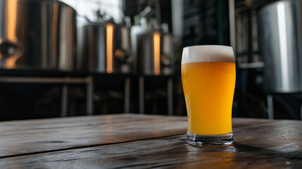 A pint of golden craft beer with a frothy head sitting on a rustic wooden table, surrounded by shiny brewing kettles and hops in the background, capturing the essence of artisanal