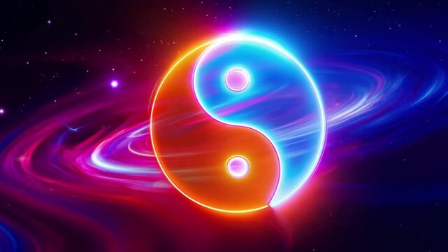 A glowing yin-yang symbol in a futuristic neon setting, representing balance, harmony, and energy with vibrant cosmic colors.