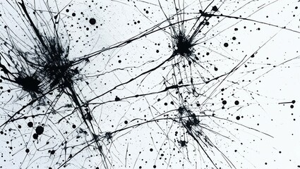 Abstract ink splatter, explosive black paint, dynamic splatters, chaotic lines, monochromatic artwork, high contrast, minimalist composition, white background, fluid dynamics, Rorschach test inspired,