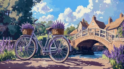 Tranquil Bicycle Scene with Lavender, Bridge, and Scenic Background