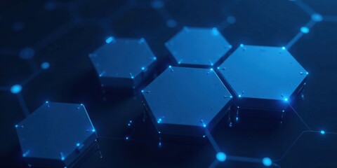 Abstract Hexagon Network Illuminated Blue Geometric Shapes Interconnected by Glowing Lines