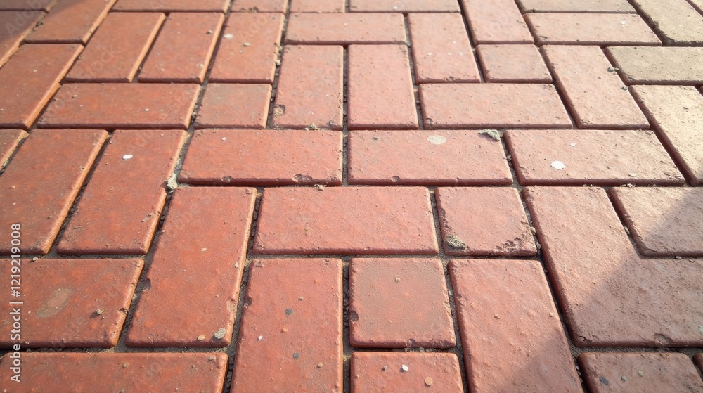 Fototapete A Detailed Close-Up View of Interlocking Red Paving Bricks Showing Subtle Textural Variations and Minor Debris