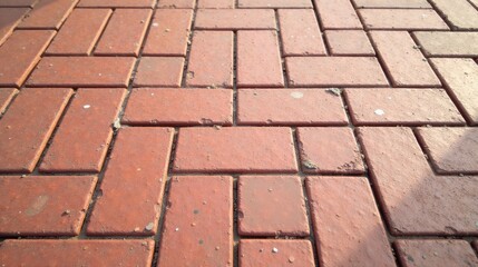 A Detailed Close-Up View of Interlocking Red Paving Bricks Showing Subtle Textural Variations and Minor Debris