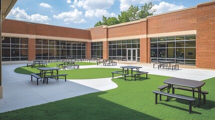 School courtyard picnic tables artificial turf