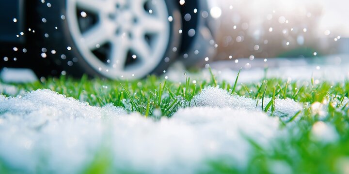 Green grass blades emerging through melting snow with car whell on background. Nature awakening concept. Image for seasonal and environmental banner with copy space. 