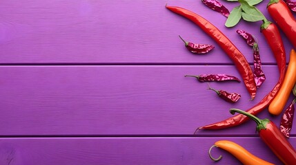 Vibrant Red Chili Peppers on Purple Wood Background