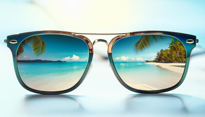 A pair of sunglasses with reflective lenses showing a tropical beach