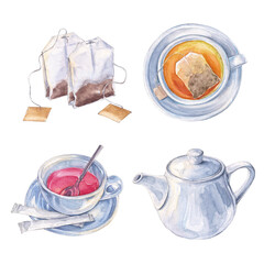 Watercolor tea set: teapot, cup of herbal tea and teabags