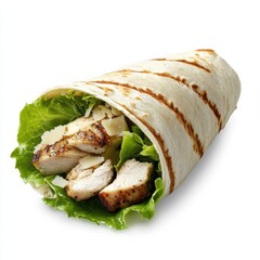 A gourmet chicken Caesar wrap with romaine lettuce and Parmesan cheese, isolated white background, hyperrealism art style