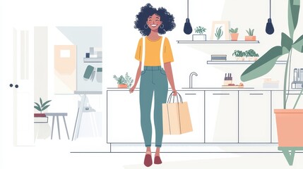 A smiling woman holding a grocery bag, walking into her kitchen with a joyful expression, on a white isolated background