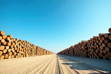 Vast expanse of neatly stacked cylindrical timber logs under a clear azure sky, arranged along a sandy pathway, creating a visually striking scene of natural resource storage