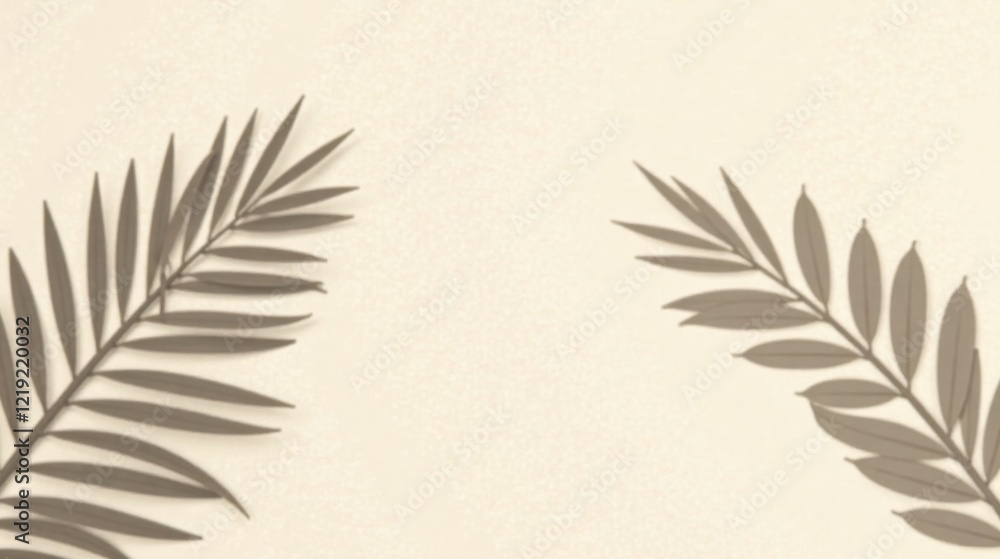 Poster elegant neutral-toned botanical composition featuring two symmetrical palm fronds on a soft textured