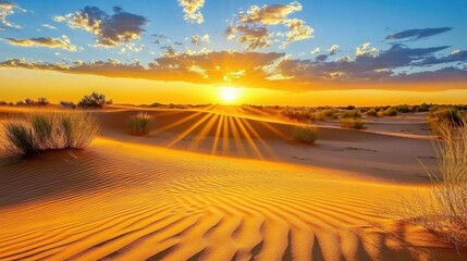 Fototapeta premium Stunning Sunset Over Sandy Dunes with Colorful Sky and Radiant Sun Rays Illuminating the Desert Landscape in a Majestic Display of Nature's Beauty