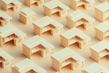 Minimalistic arrangement of wooden desks in a soft, warm color palette, symbolizing productivity and modern workspace design