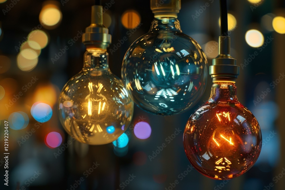 Aufkleber close up of colorful light bulbs hanging in a dark environment, creating a beautiful bokeh effect