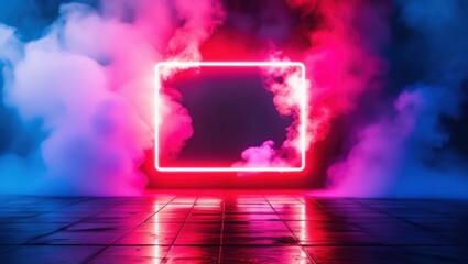 Neon rectangle frame, vibrant pink and blue smoke, reflective floor, cyberpunk aesthetic, glowing lights, futuristic atmosphere, atmospheric haze, electric colors, moody lighting, digital art, 3D rend