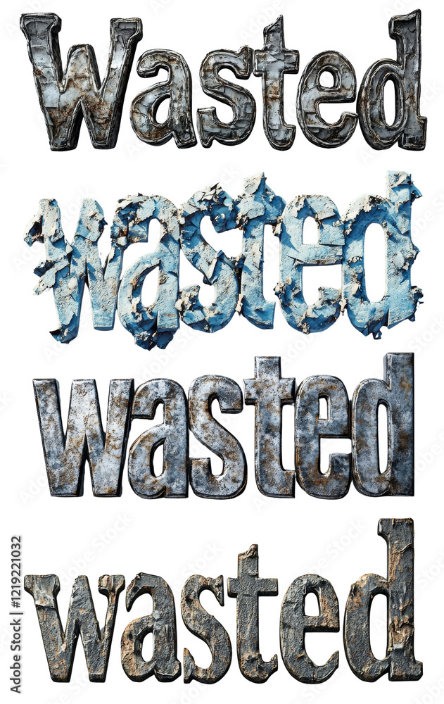 Poster the image showcases four variations of the word wasted rendered in different decaying textures sugge