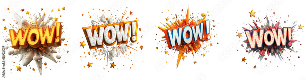 Poster The image displays four variations of a 3D rendered WOW exclamation mark, each embedded in a dynamic explosion of stars and confetti.