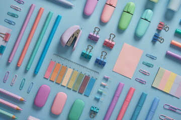 Stationery background with pastel-colored office supplies neatly arranged on a light blue background. Workplace organization. Back to school concept.