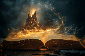 Enchanted book releasing magical castle at twilight in a mystical forest setting