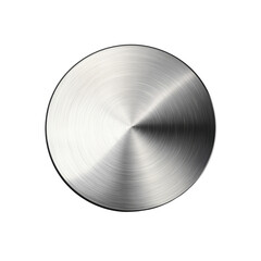 Circular brushed silver metal disc with a smooth finish, perfect for use in industrial design or customizable components. Isolated on transparent background, png.
