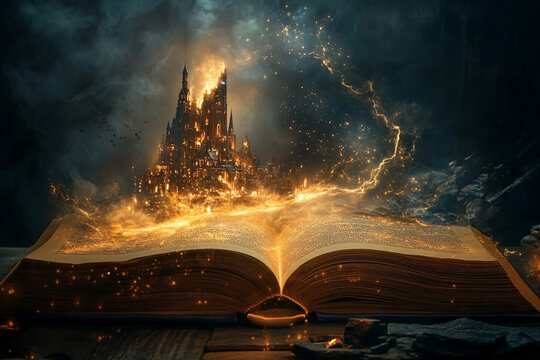 Enchanted book releasing magical castle at twilight in a mystical forest setting