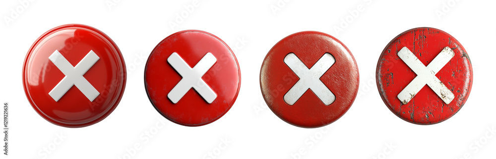Poster Four red circular buttons each showing a white cross; one button shows wear and tear.